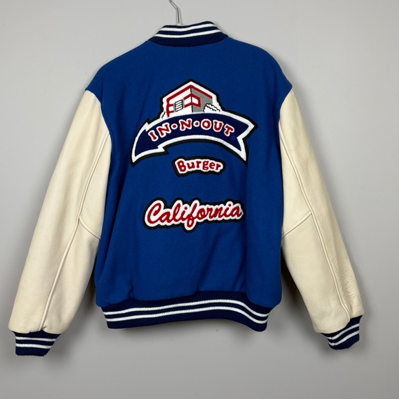 VTG Sichel In and Out‎ Burger Varsity Jacket Blue and White Wool & Leather SZ M